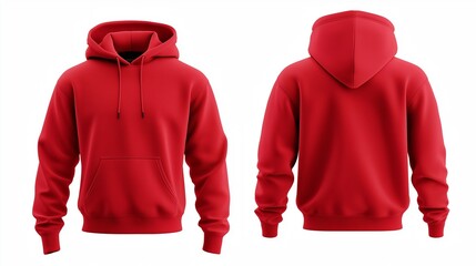 Red hoodie mockup showing both front and back views 3D rendering of an empty crewneck hooded sweatshirt isolated for a loose overall fabric jumper. Generated by AI.