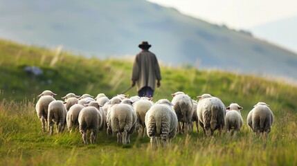 A shepherd leads a flock of sheep through a green field. AI generative. .
