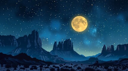 Fototapeta premium Silhouetted mountains under a starry night with a large, glowing moon. AI generative. .