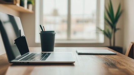 Sleek Modern Home Office Setup Featuring a Laptop on a Wooden Desk with a Coffee Cup and Notepad, Capturing a Minimalist Aesthetic and Serene Ambiance