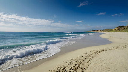 Beach View with Turquoise Water, Blue Sky, and White Clouds