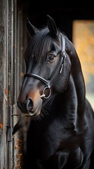 Black horse portrait in stable doorway.