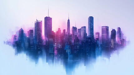Obraz premium A modern vector cityscape with sleek skyscrapers and clean lines, vibrant gradient tones of blue and purple, minimalistic and futuristic style on a white background