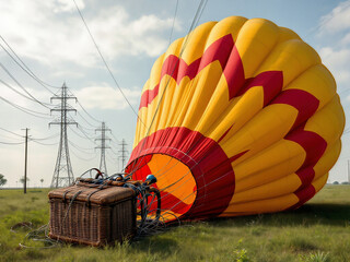 Obraz premium Hot Air Balloon Entangled in Power Lines with Basket on the Ground