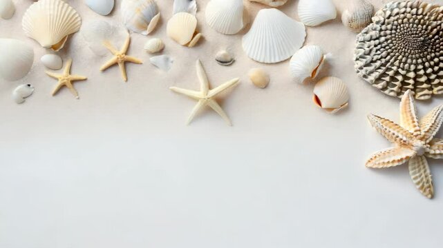 Various seashells and starfishes arranged on white background with copy space