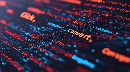 Obraz premium Neon Text Visualization in a Cybernetic Environment Featuring Engaging Keywords to Inspire Action and Drive User Engagement in Digital Marketing