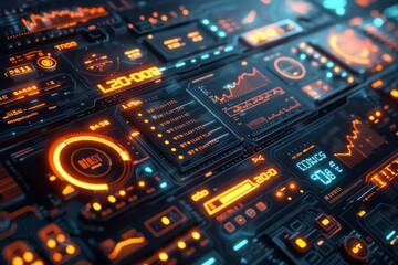 Fototapeta premium Futuristic interface with glowing orange and blue digital displays. AI generative. .