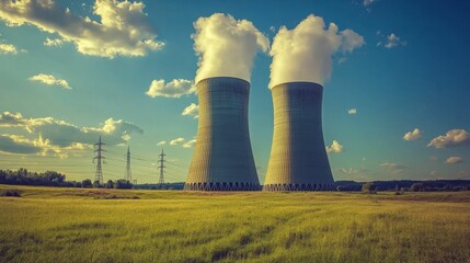 Fototapeta premium Twin cooling towers, grassy field, blue sky, clouds.