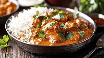 Fototapeta premium Delicious chicken tikka masala served with fluffy white rice, garnished with fresh cilantro. This flavorful dish is perfect for comforting meal