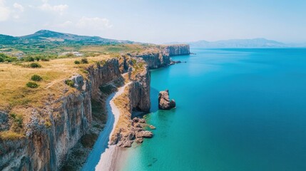 Fototapeta premium Breathtaking Coastal Landscape Featuring Iconic Cliffs and Pristine Mediterranean Seascape Ideal for Cultural Discovery Tours Visiting Historic Landmarks and Heritage Sites