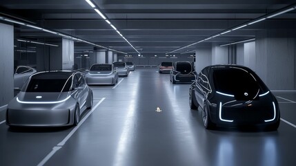 Modern vehicles parked, futuristic garage interior.