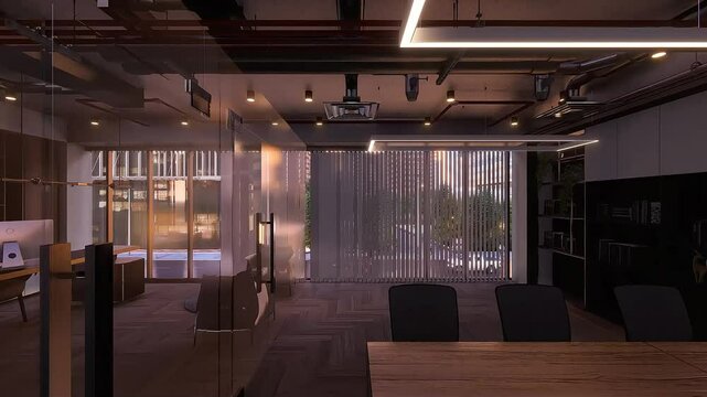 Modern Office Interior with Glass Partition and Natural Lighting