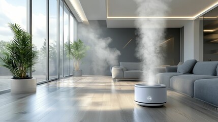 Modern room, humidifier, vapor, plants, sofa.
