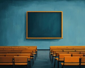 A simple classroom scene featuring wooden chairs facing a blank chalkboard against a teal wall.