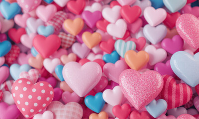 Obraz premium vibrant collection of colorful heart shapes in various patterns and textures creates lively and cheerful background, perfect for themes of love and celebration