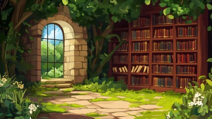Overgrown Magical Library Cartoon Background