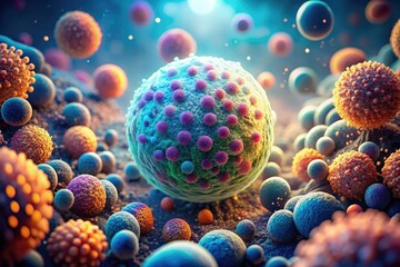 High-resolution 3D render: Peach and blue bacteria cell, aerial view, CGI microscopic lifeform.