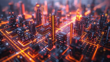Obraz premium Futuristic city with glowing orange lines, black buildings. AI generative. .