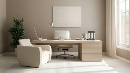Modern Minimalist Home Office Design with Beige Tones and Natural Light