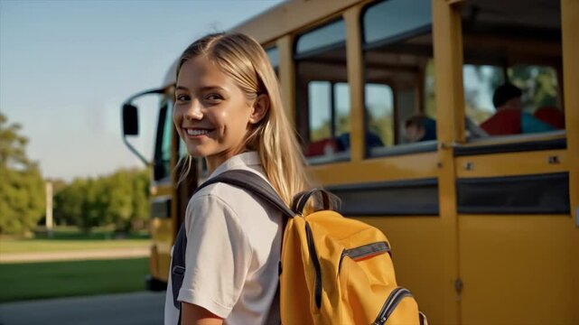 Girl Child Student Standing in Front of School Bus. And Walks to School. Back to School Concept. 01 (3)