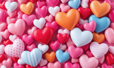 Fototapeta premium vibrant assortment of colorful heart shapes in various sizes and patterns creates lively and cheerful background, perfect for themes of love and celebration