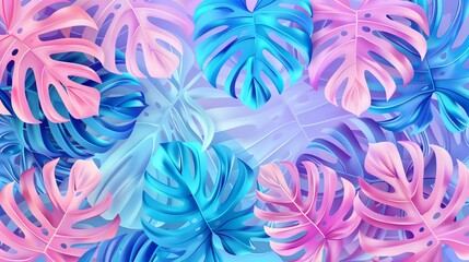 A pattern of tropical leaves in pink and blue colors.