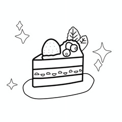 coloring page  a slice of cake with strawberry and blueberry topping plus leaf decoration that gives a colorful impression. Coloring book for kids
