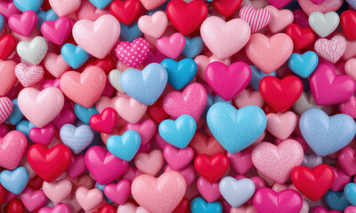 Fototapeta premium vibrant collection of colorful heart shapes in various sizes and patterns creates lively and cheerful background, perfect for themes of love and celebration