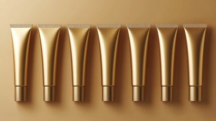 Realistic 3D vector illustration set of golden cosmetic tubes with different cap shapes. Perfect for skincare cream, toothpaste, or beauty cleanser packaging design. 