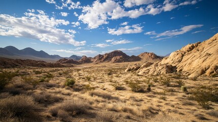 Fototapeta premium Desert landscape, rocky mountains, blue sky, sparse vegetation.