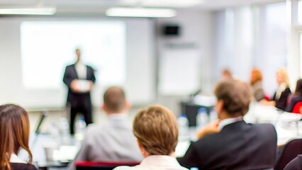 Fototapeta premium Blurred Conference Presentation Setting: A business conference room with a blurred background, focusing on the speaker presenting to an audience. 