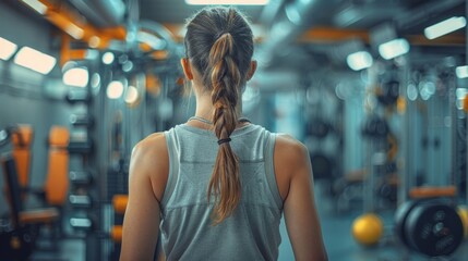 Fototapeta premium Back view of a woman with long brown hair in a grey tank top, standing in a gym. AI generative. .