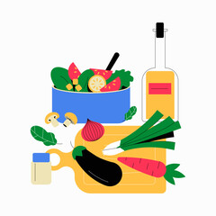 Assorted vegetables on cutting board with jar and bottle in flat vector illustration symbolizing cooking, meal preparation, and healthy eating, isolated on white background.