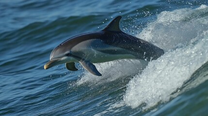 Obraz premium Playful dolphins leaping and jumping through crystal clear turquoise ocean waves creating a dynamic and energetic underwater scene