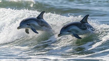 Obraz premium Playful dolphins gracefully leaping and splashing through crystal clear ocean waves showcasing their dynamic motion and aquatic agility in a vibrant natural setting