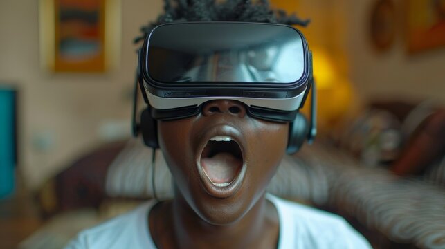 Close-up of a Black woman wearing a VR headset with her mouth open in surprise. AI generative. .