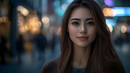 Obraz premium Night City Portrait Illustration: Young Woman with Long Brown Hair