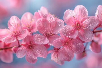 Close-up of pink blossoms with water droplets. AI generative. .