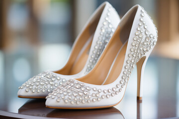 Graceful white bridal shoes adorned with rhinestones