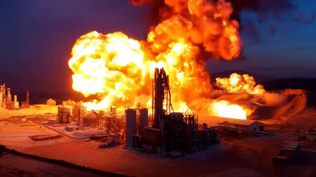 Oil refinery burning, oil depot fire, drone attack.