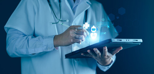 Medical AI technology, doctor use AI for diagnosis, care, health and increasing accuracy patient...