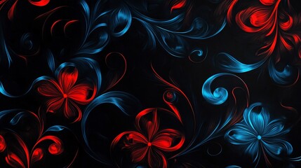 Abstract floral design with swirling patterns in red and blue.