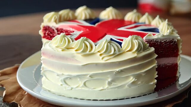 Red velvet cake decorated with union jack flag rotates on a white plate