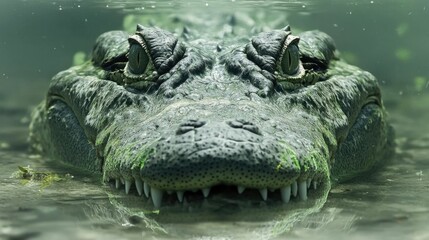 Fototapeta premium Powerful lurking crocodile blending seamlessly with the calm river waters showcasing its remarkable natural camouflage adaptation The predator remains hidden ready to ambush its prey in the serene