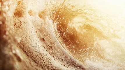 A macro shot of a frothy wave on a sandy beach under the bright sun