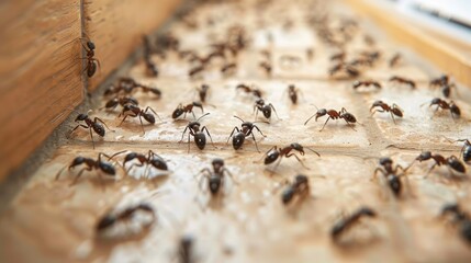 Black ants crawl across a light brown surface. AI generative. .