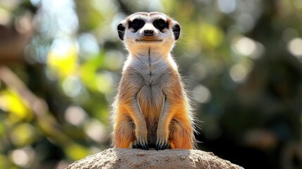 A curious meerkat standing upright on a mound scanning the horizon with an alert and vigilant posture surveying its savannah or desert environment