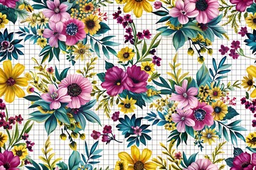 Floral Pattern with Grid Background