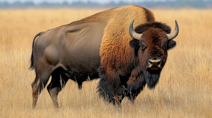 Powerful bison roaming freely across an open prairie a symbol of the American West s untamed strength and natural grandeur