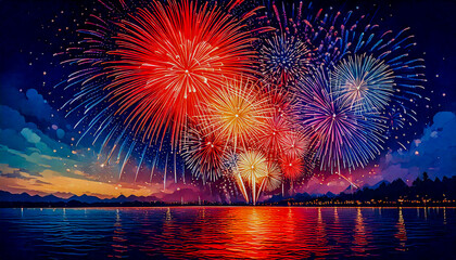 Fireworks Over City Skyline,A vibrant display of colorful fireworks illuminates the night sky over a city skyline, reflecting on the water below.